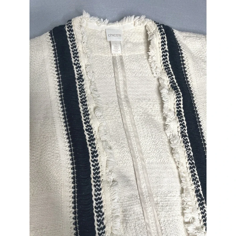 Chicos Fringe Tweed Cardigan Cream Open‎ Front Longline Sweater Size 1
